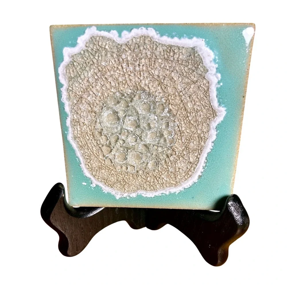Dock 6 Ceramic Coasters 4x4 Turquoise Glass Geode Crackle Glaze Made USA Set 4
